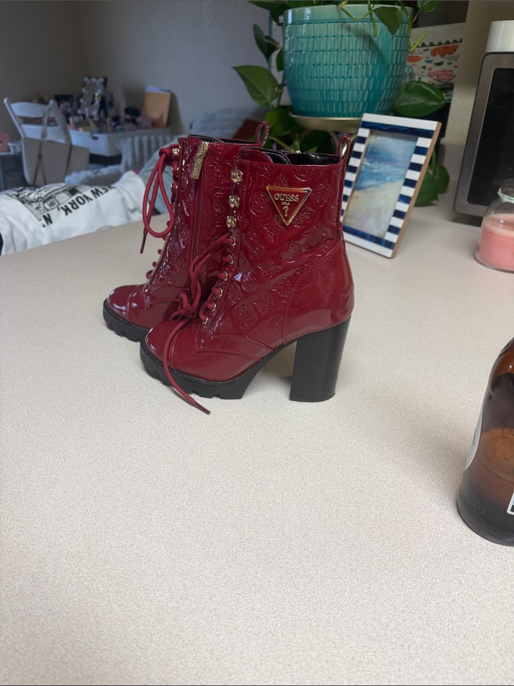 GUESS Red Patent Lace-Up Heeled Ankle Boots